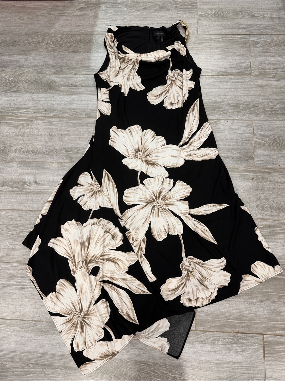 Donna Karan Sleeveless Black Floral A-Line Dress with Cream Blooms size 16